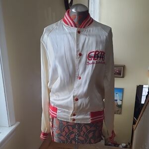Vintage Cream and Red Satin Varsity Jacket - Greater Boston Track Club - Size M
